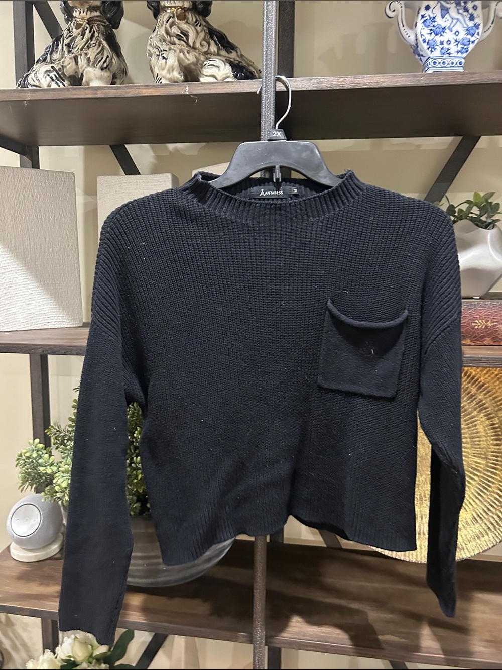 Black Ribbed Crewneck Sweater with Pocket